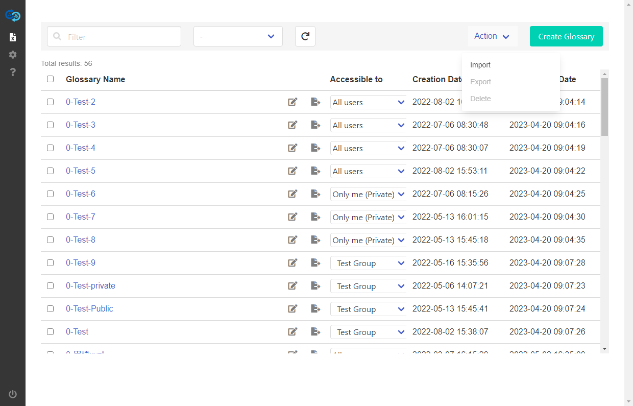 glossary management screen