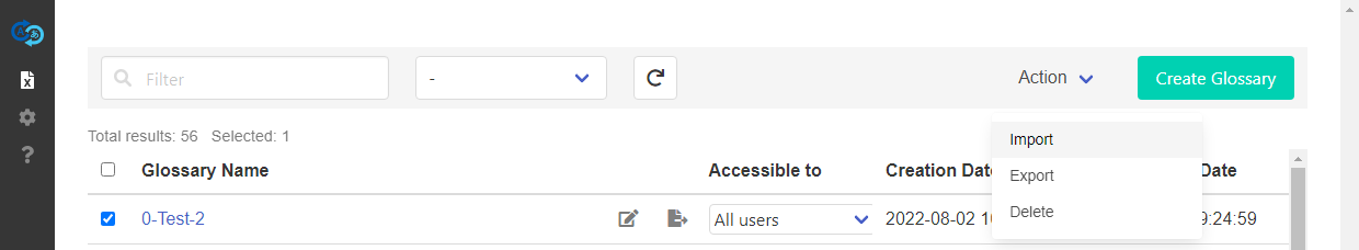 glossary management screen