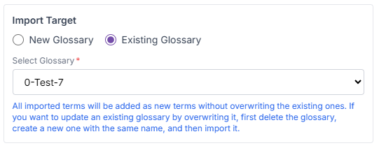Import screen (existing glossary)