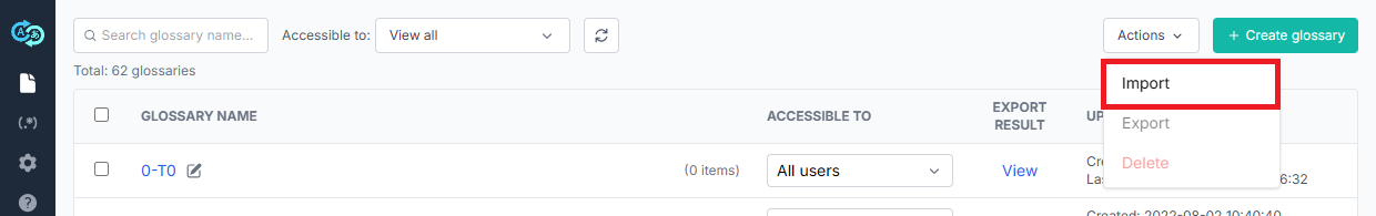 glossary management screen