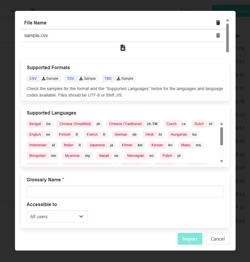 glossary import screen