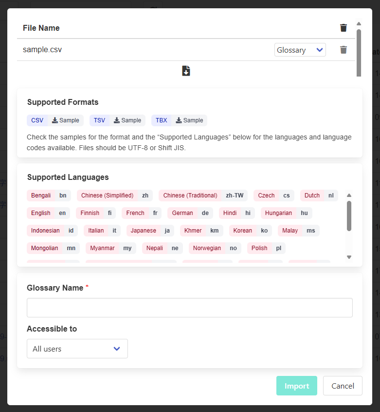 glossary import screen