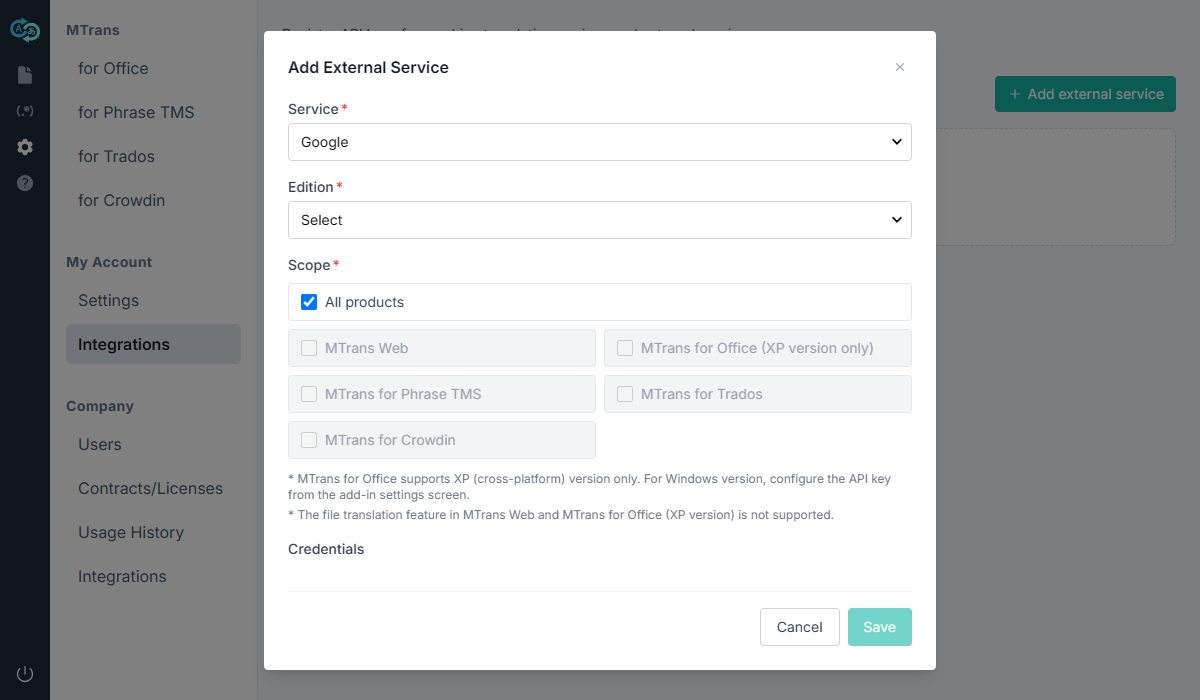 Add External Service dialog