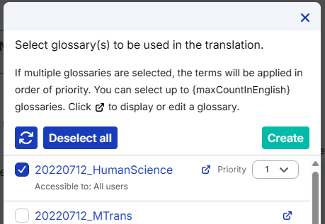 Glossary list dialog