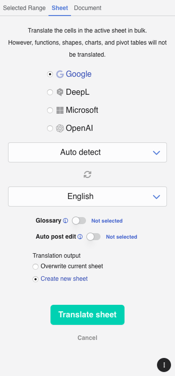 Sheet translation screen in Excel for Mac