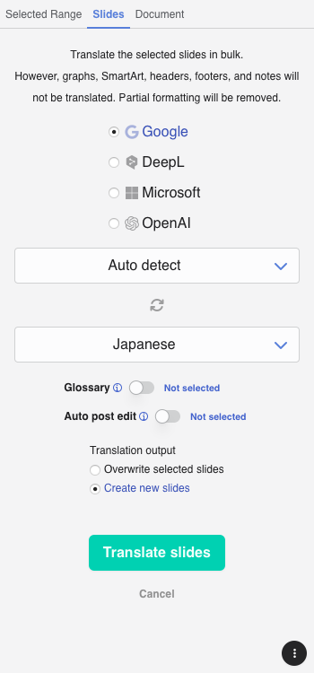 Slide translation screen in PowerPoint for Mac