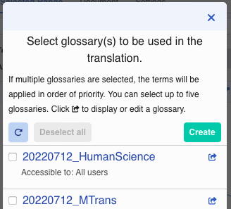 Glossary list dialog for Mac